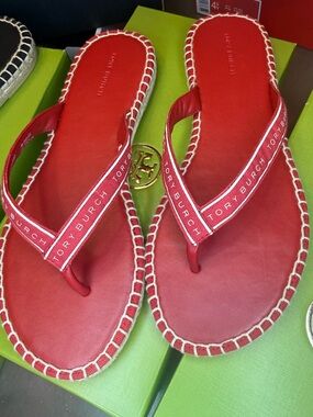 Tory Burch Red Leather Logo Webbing Flip Sandals